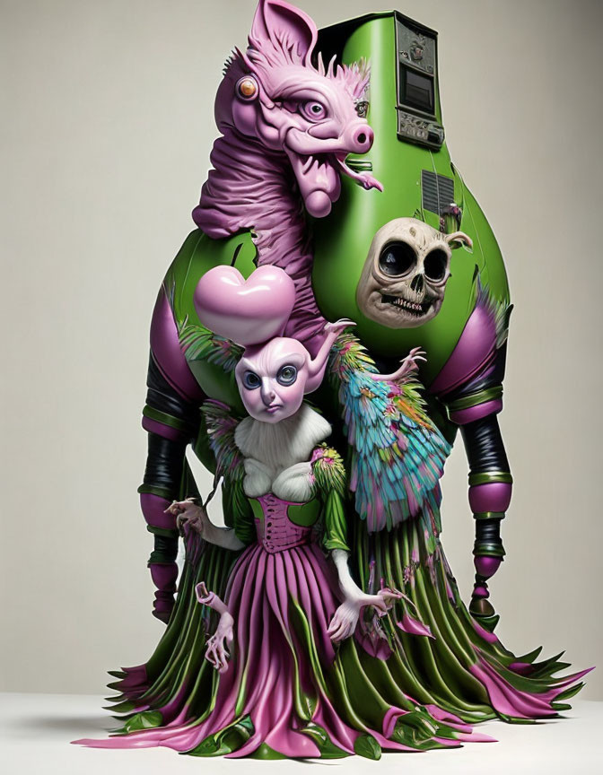 Surreal artwork: pig-faced creature, TV head skull, bird-person in emerald plum dress