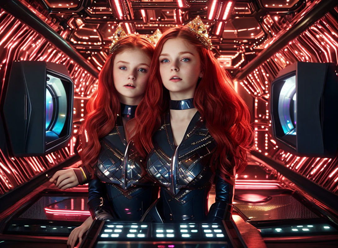 Red-haired twin girls in futuristic attire with crowns, in a sci-fi corridor with red lighting and