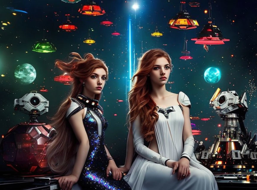 Futuristic attire women with cosmic backdrop planets and spaceships