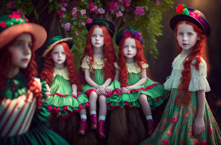 Five Red-Haired Girls in Vintage Dresses and Hats Surrounded by Flowers