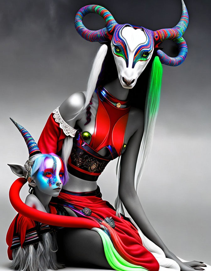 Vibrant humanoid ram-like fantasy creatures in colorful attire