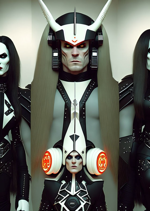 Three futuristic figures with striking makeup and unique headgear, one with horns and red eyes.