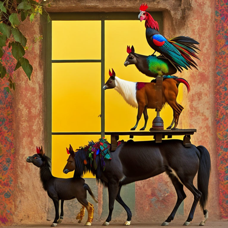Surreal composite scene: rooster on llama-horse, llama-headed horse, colorful decorations,