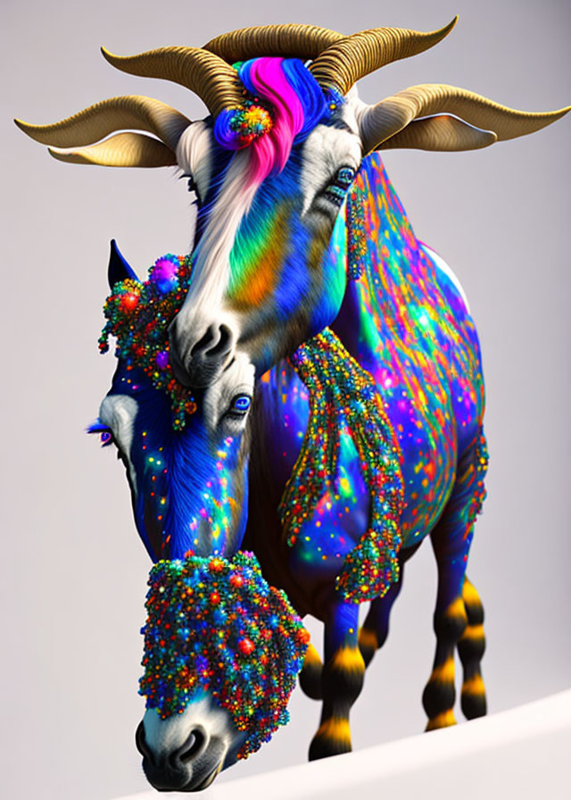 Vibrant two-headed goat with rainbow fur and vibrant horns