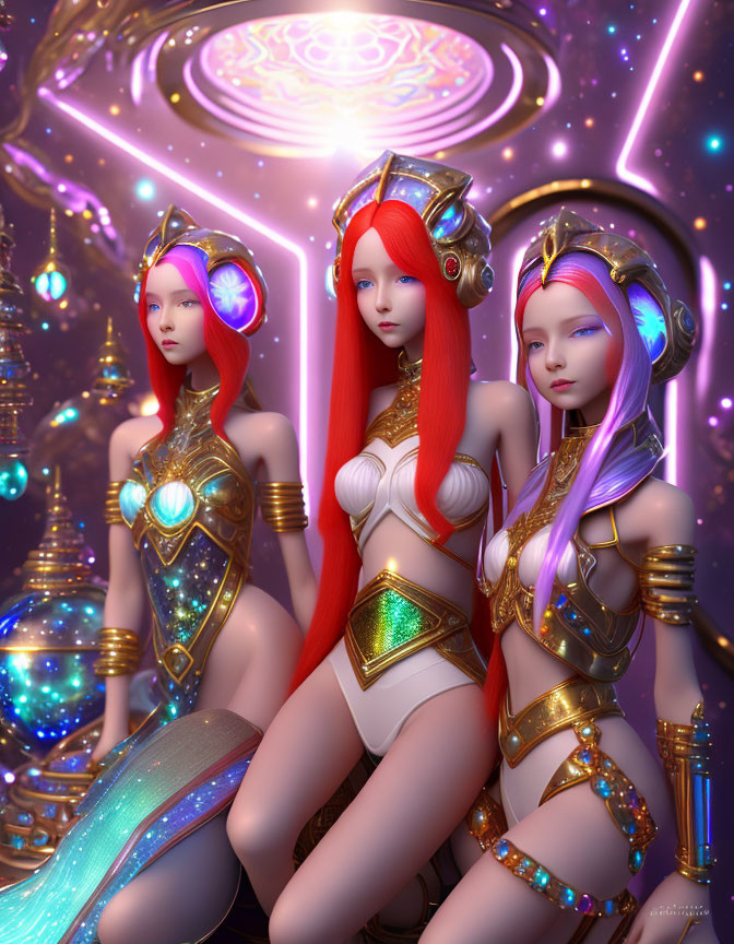 Futuristic female characters with golden headgear in cosmic setting