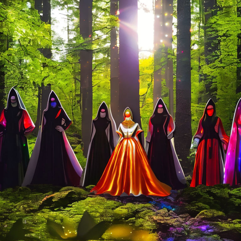 Stylized figures in vibrant cloaks in mystical forest with sunbeams