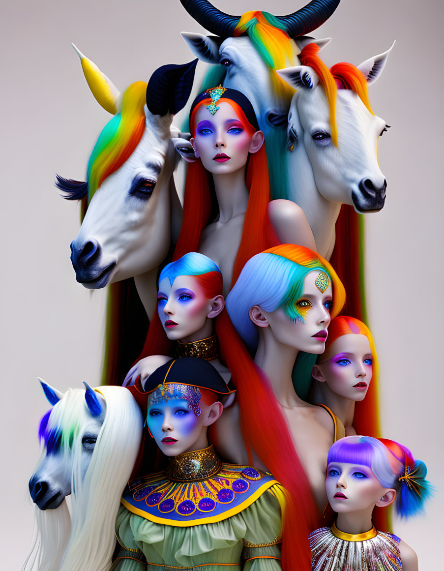 Digital artwork: Female figures with unicorn horns and vibrant hair colors, surrounded by stylized unicorn heads.