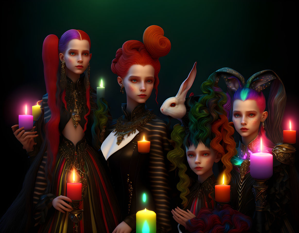 Four stylized characters with elaborate hairstyles and gothic attire, surrounded by candles holding a white rabbit