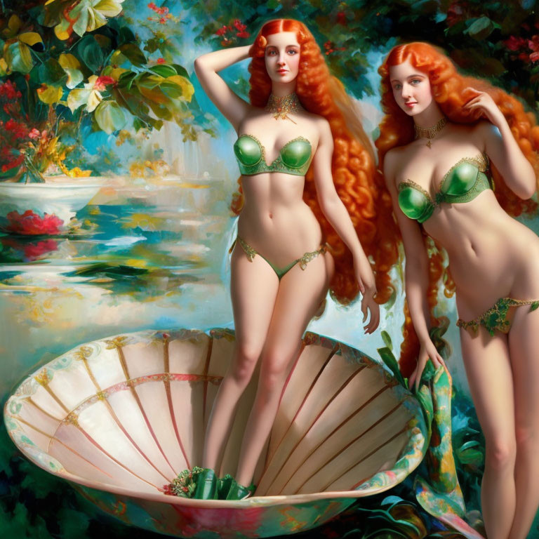 Ethereal women with red hair in green shell-themed garments by giant shell