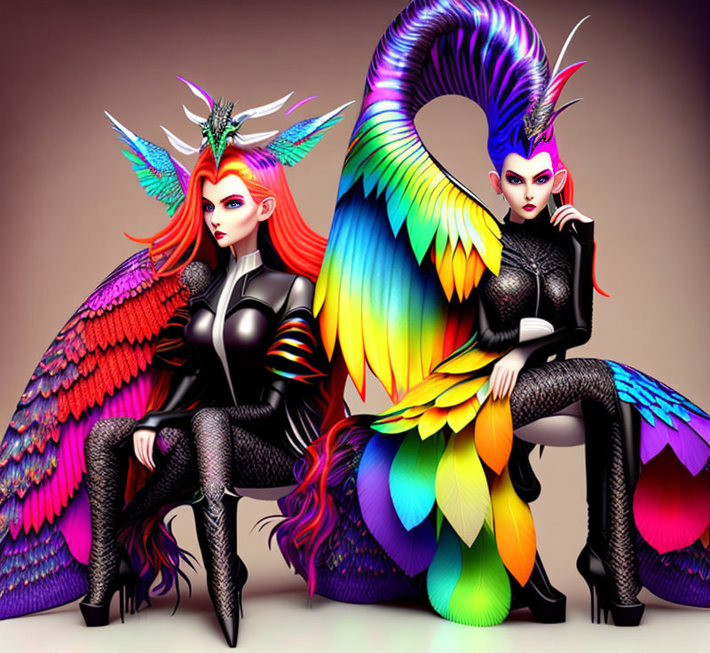 Colorful Bird Feather Adorned Female Characters in Dramatic Poses