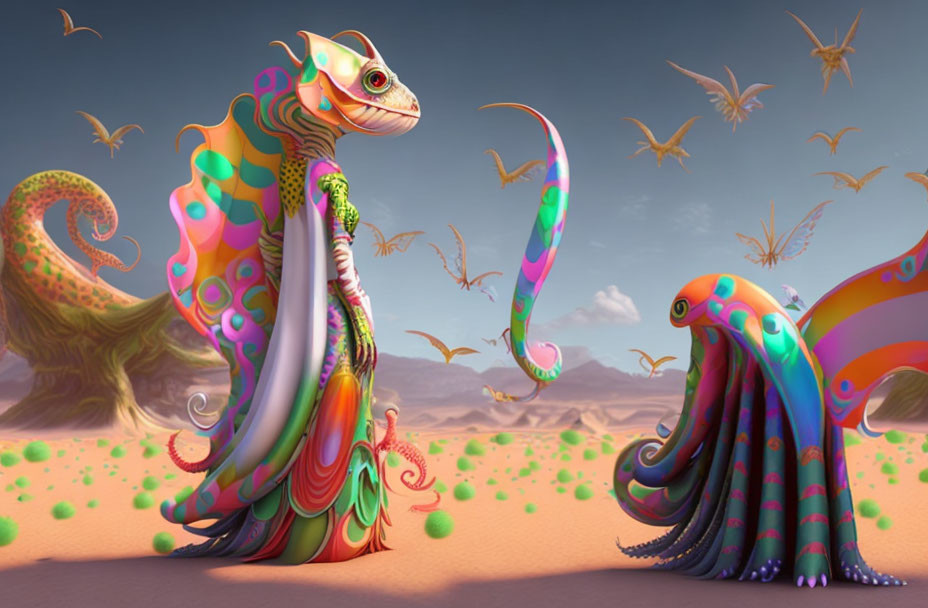 Colorful lizard creatures with butterfly wings in desert landscape with flying creatures.