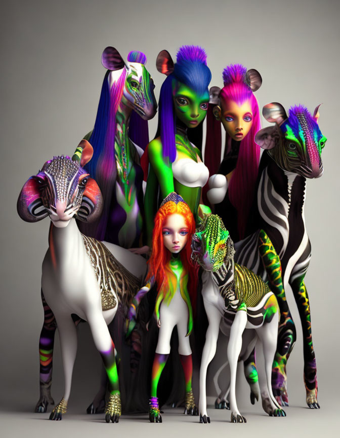 Vibrant anthropomorphic creatures with animalistic features in a group