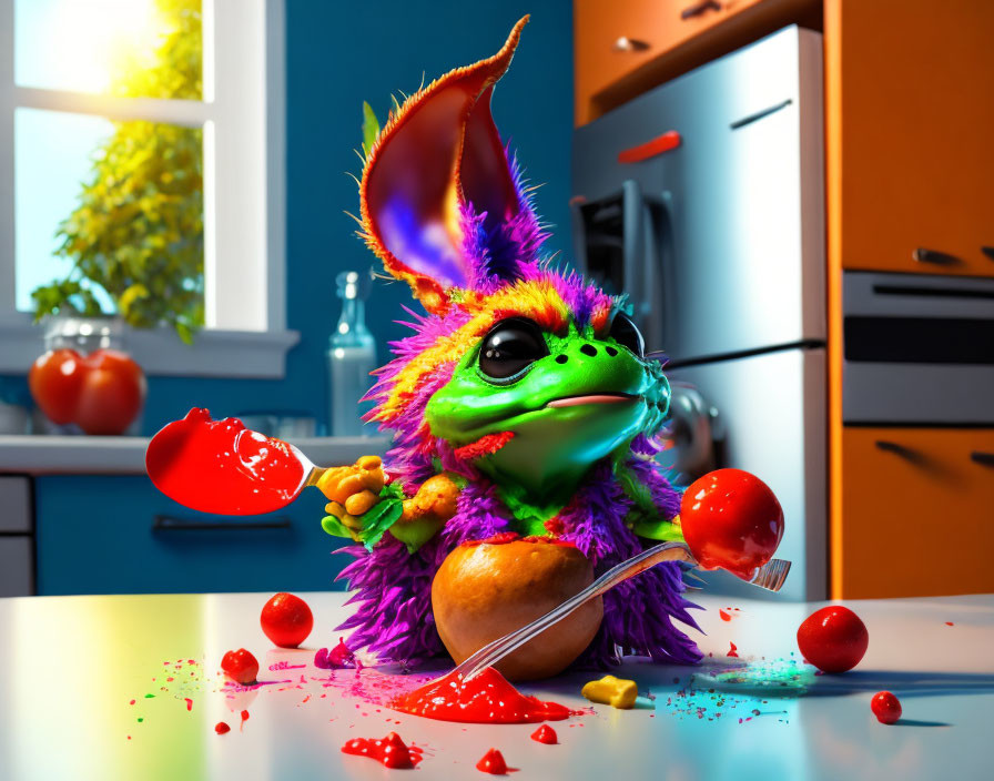 Colorful creature in kitchen splattering red liquid and tomatoes.