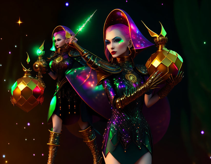 Futuristic women in sci-fi costumes with glowing weapons on dark starry backdrop