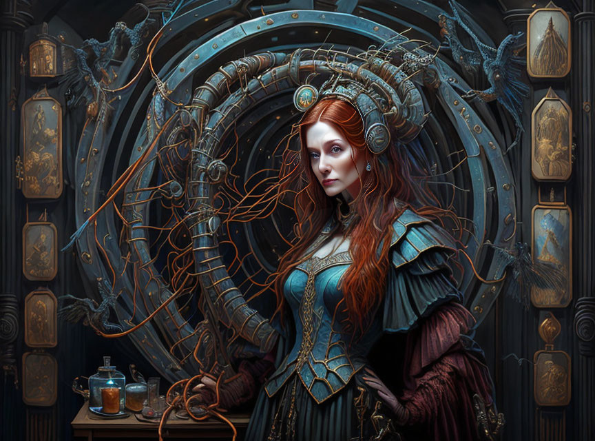 Regal woman with red hair in teal armor against metallic backdrop