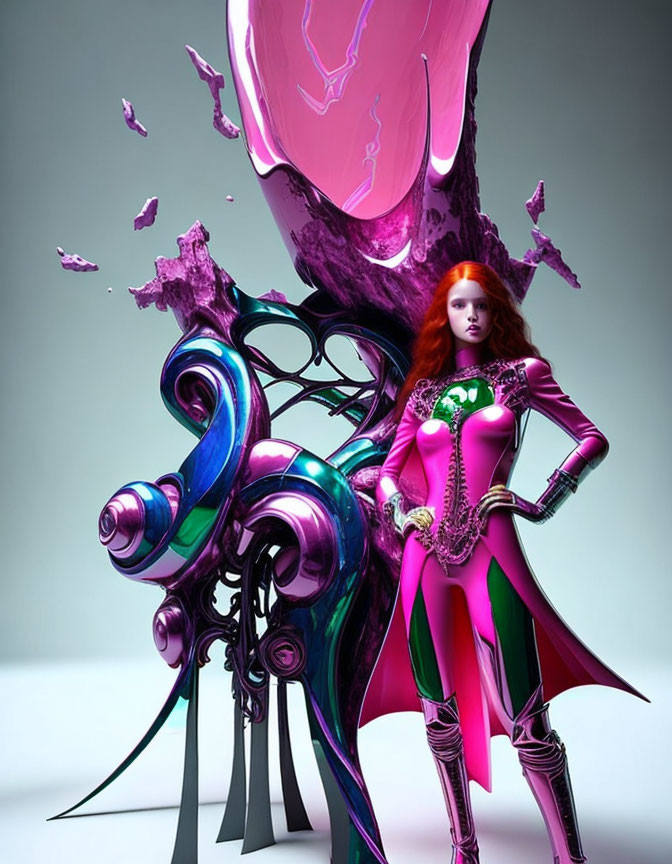 Futuristic 3D illustration of woman with red hair in pink and green suit among abstract shapes