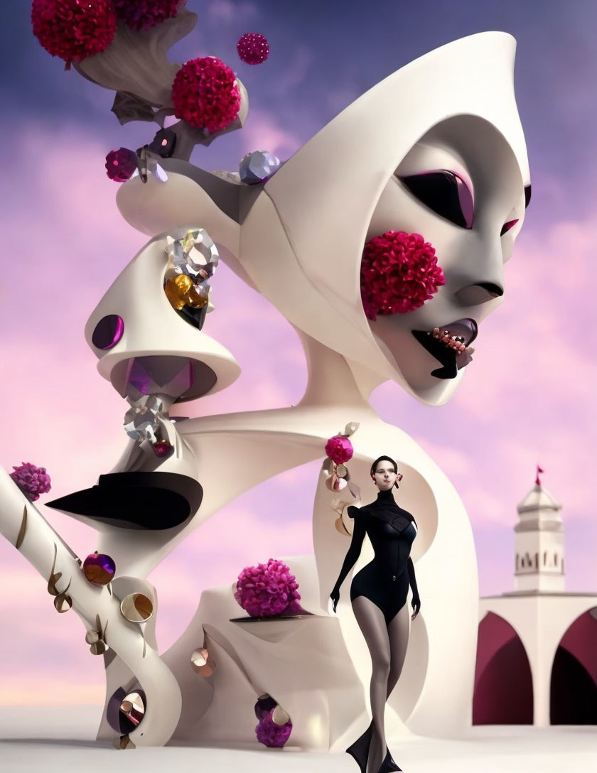 Surreal image of woman in black outfit with abstract white figure and pink blossoms on purple sky