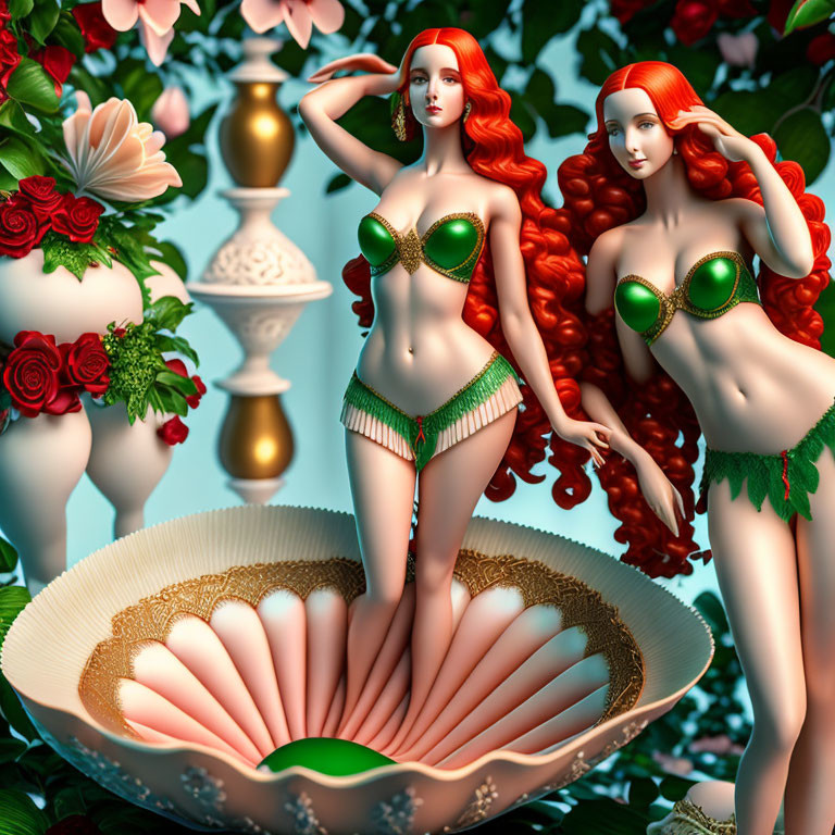 Stylized 3D female figures with red hair and green bikinis near giant shell.