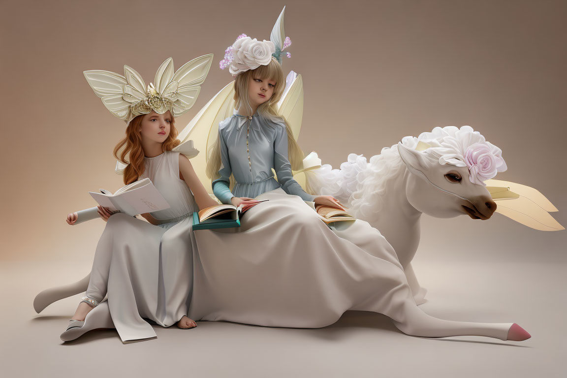 Two women in fantasy costumes with elaborate headpieces posing with a stylized sheep-like creature.