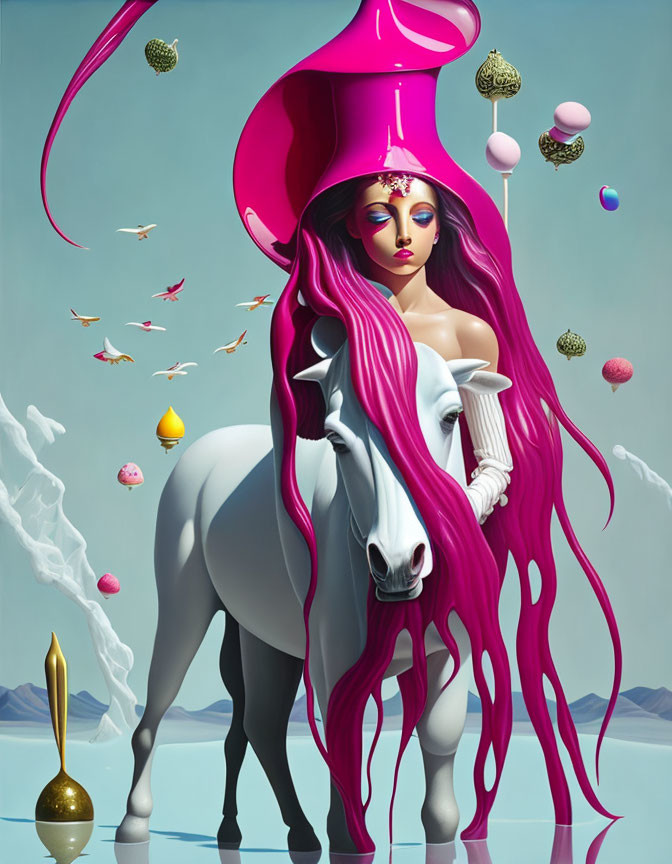 Surreal image of woman with pink hair on white horse amid floating objects