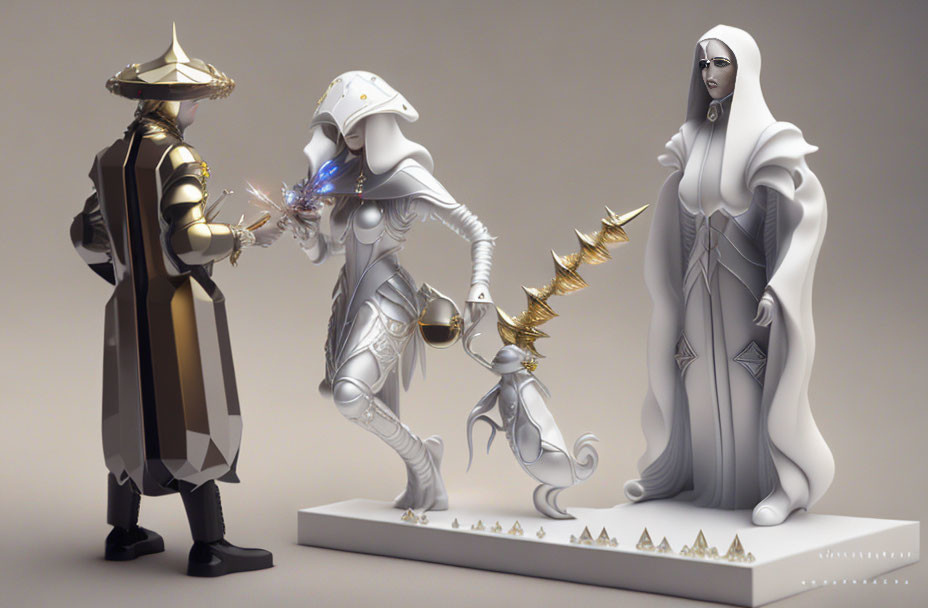 Stylized samurai, robot knight, and sorceress figurines on display stand