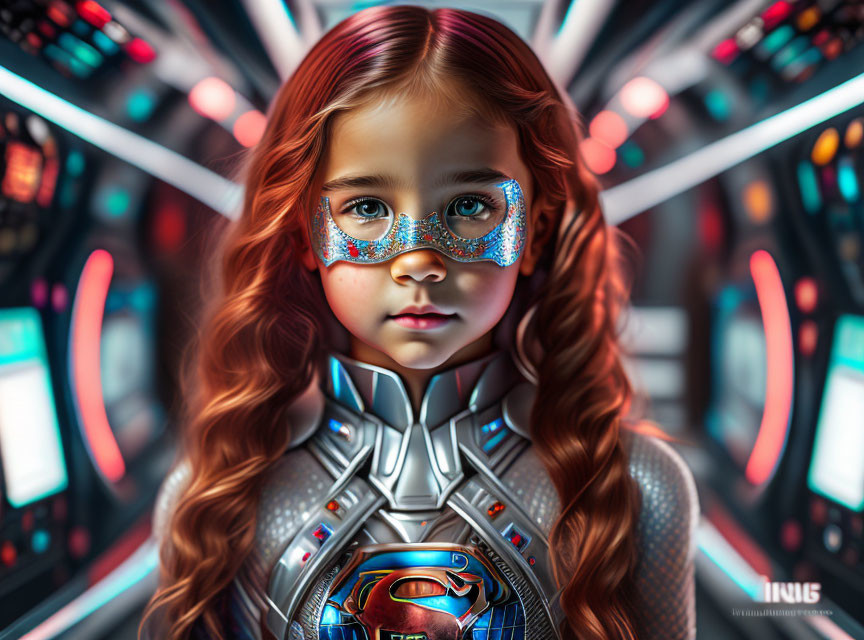 Young girl in superhero costume against futuristic background