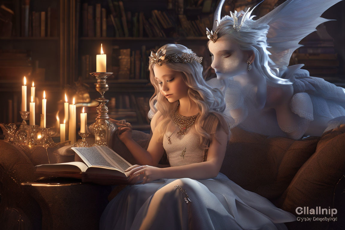 Young woman reading book with winged creature in mystical setting