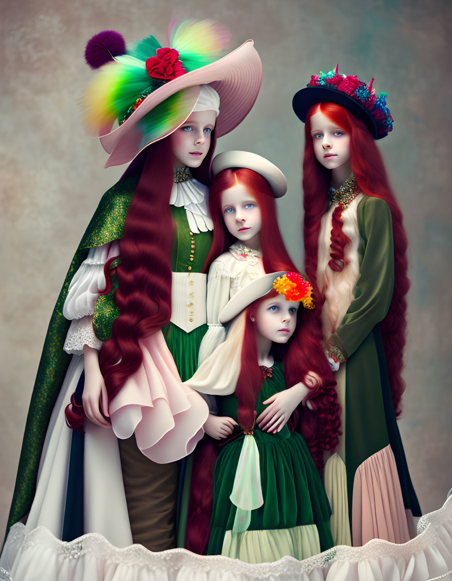 Four Stylish Women in Vintage Dresses with Red Hair and Hats