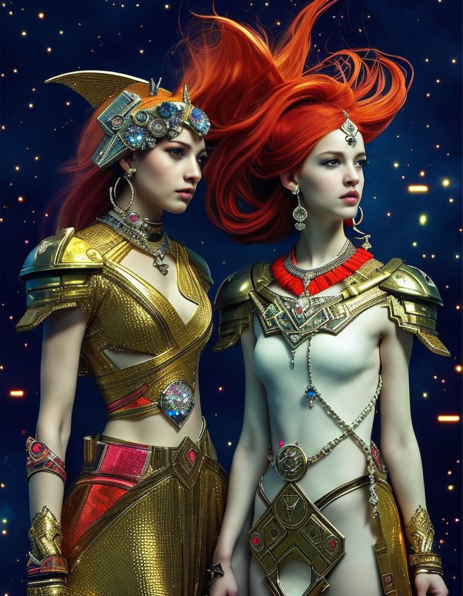 Fantasy armor-clad women with fiery red hair in starry setting