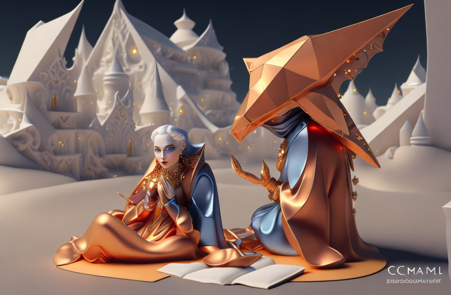 Stylized gold and blue characters in intricate attire, sitting in surreal landscape