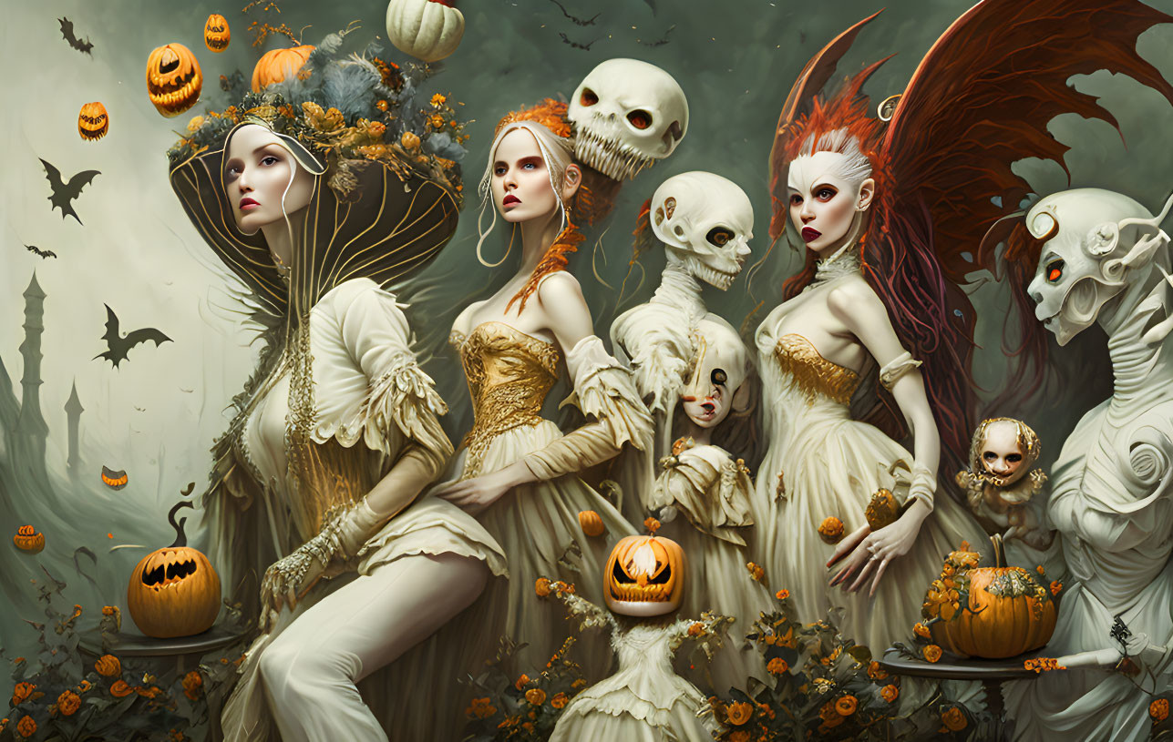 Fantasy Halloween-themed illustration with three women in ornate costumes