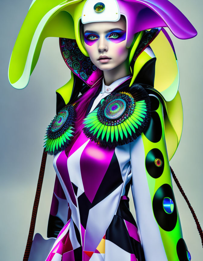 Futuristic woman in multicolored outfit with peacock feather design and striking makeup