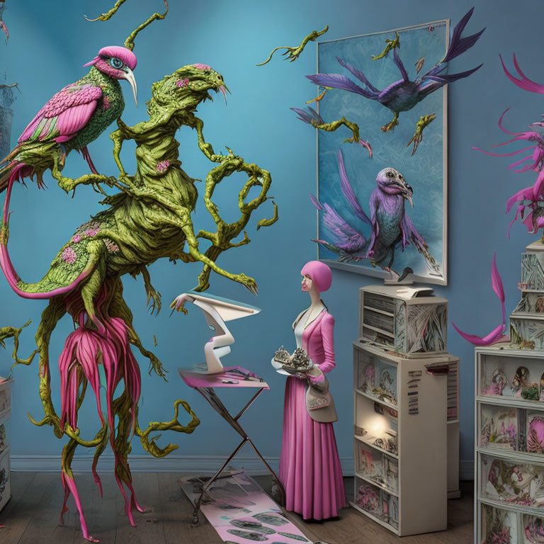 Whimsical teal room with pink-dressed figure admiring fantasy art