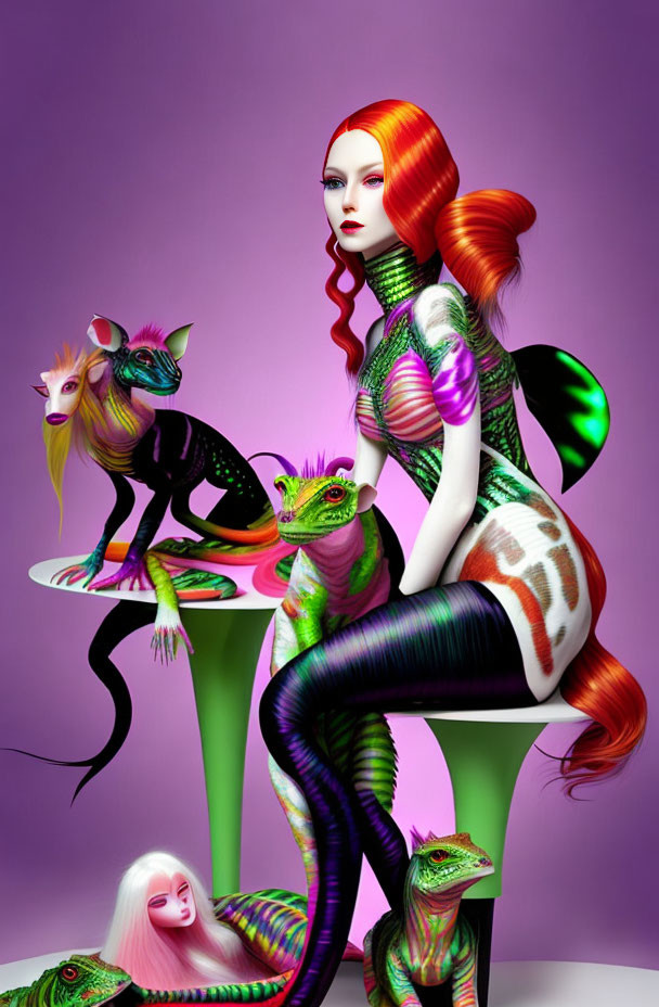 Vibrant surreal artwork: woman with colorful hair among stylized creatures on purple background