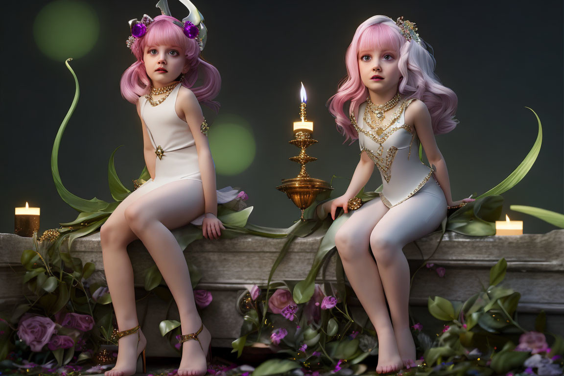 Fantasy characters with pink hair and horns in white outfits among roses and candles