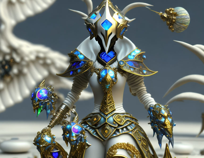 Intricate armored figure with golden and blue accents and glowing gems on soft-focus background