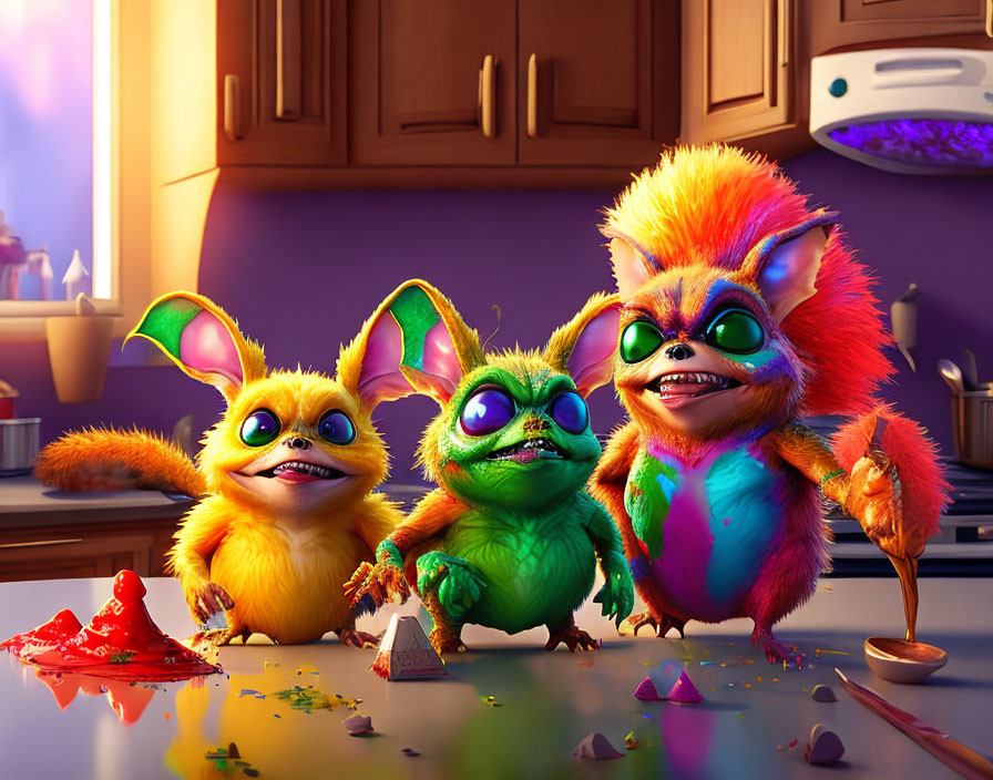 Vibrant animated creatures causing chaos in a messy kitchen