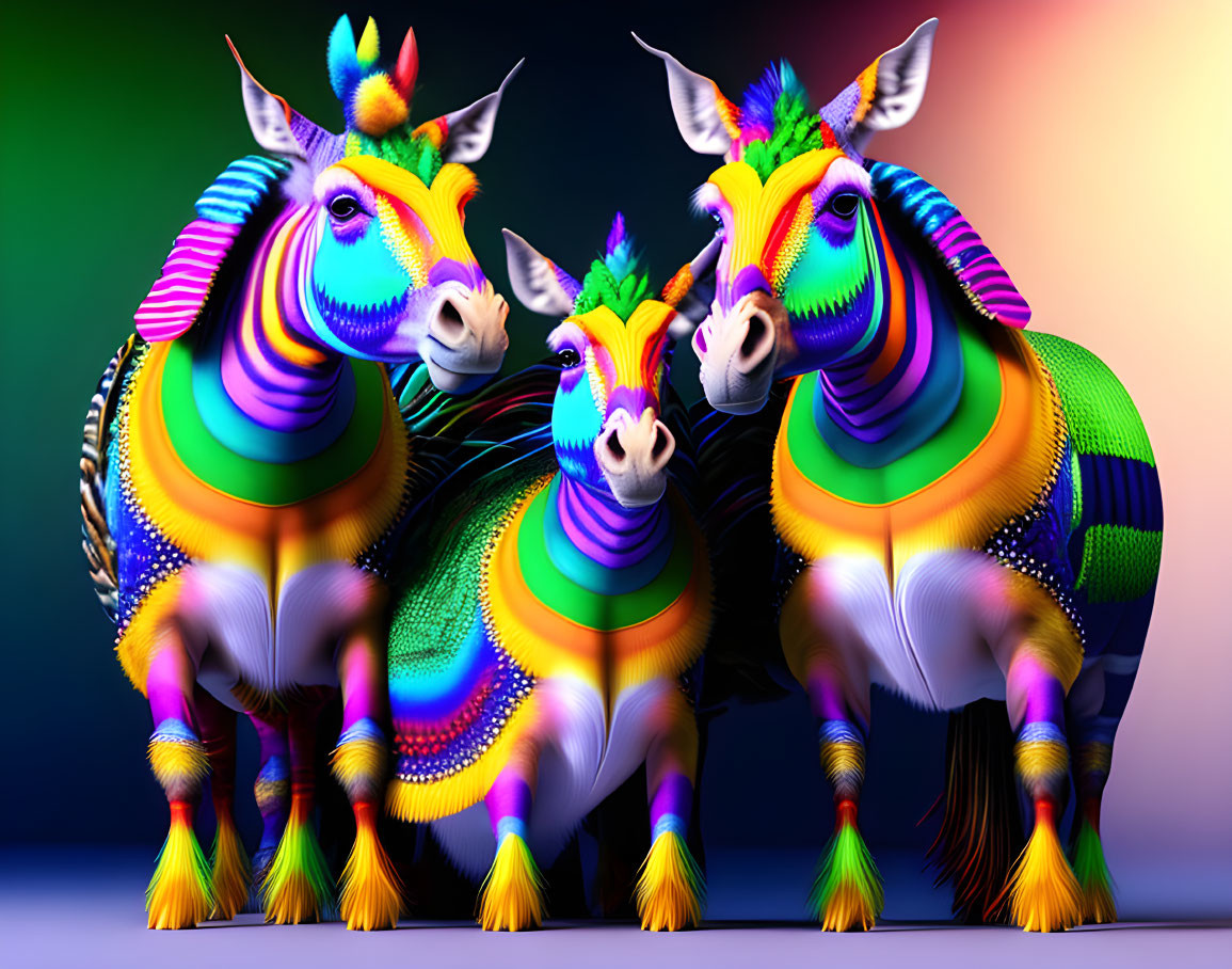 Colorful animated zebras with unicorn horns on rainbow-striped fur