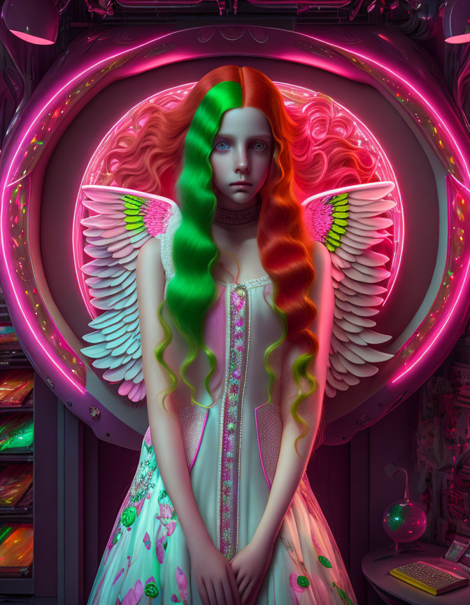 Vibrant winged figure with green and red hair on neon-lit pink backdrop