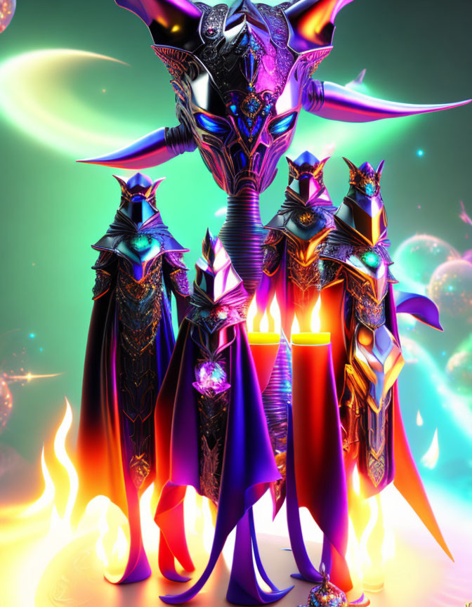 Futuristic warriors in ornate armor against vibrant ethereal background