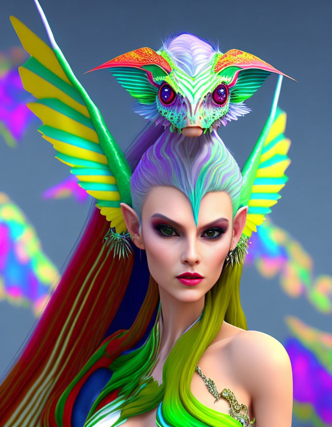 Colorful digital artwork: Woman with striking makeup and mythical creature on head