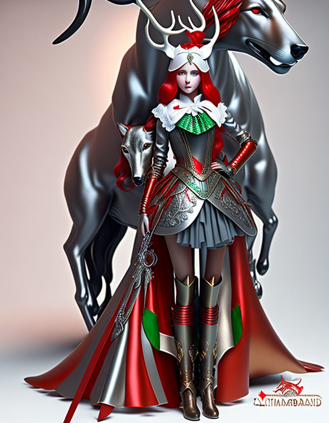 Fantasy holiday warrior with reindeer and wolf in medieval armor