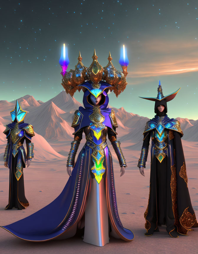 Three characters in elaborate fantasy armor under twilight sky in desert.