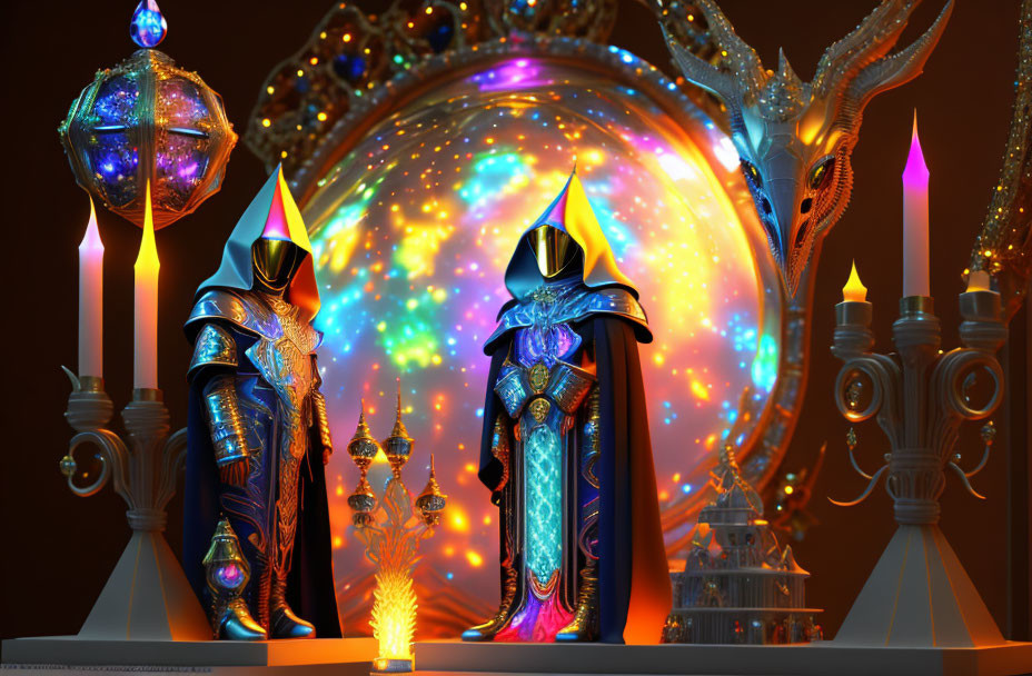 Robed Figures at Cosmic Portal with Dragon and Artefacts