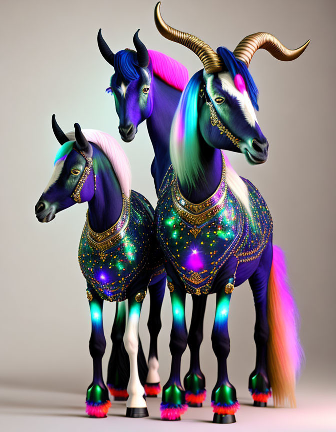 Colorful Stylized Unicorns with Sparkling Saddles and Rainbow Features