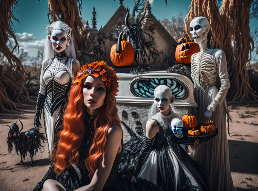 Group of four in elaborate Halloween costumes in spooky setting with pumpkins and gothic decor.