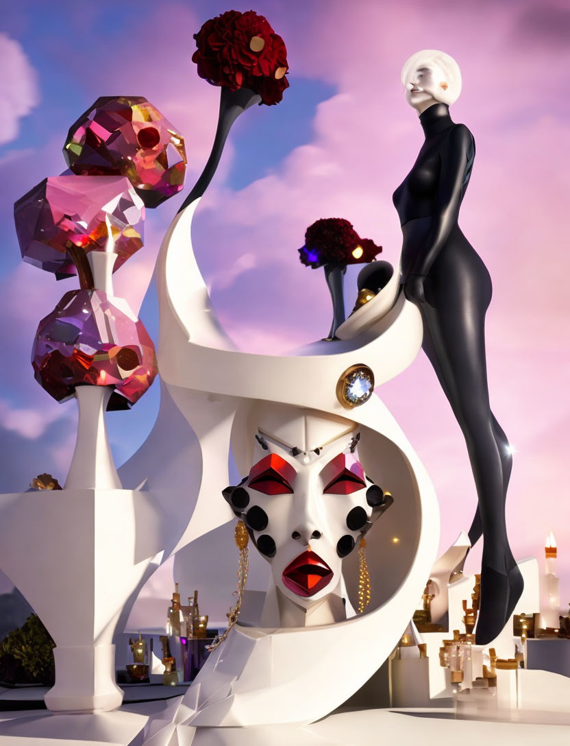 Surreal white spiral structure with face mask, crystals, flowers, and figure in black suit