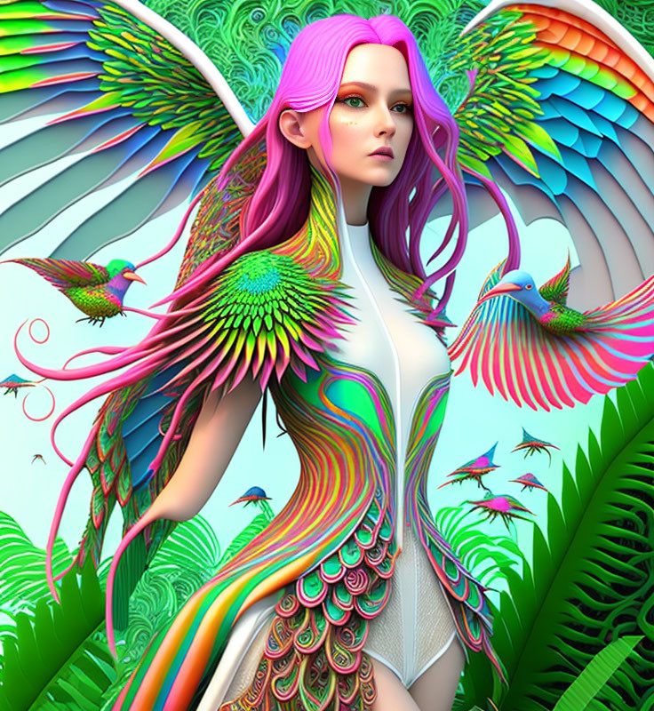 Colorful illustration of a woman with feathered wings and hummingbirds in a fantastical setting