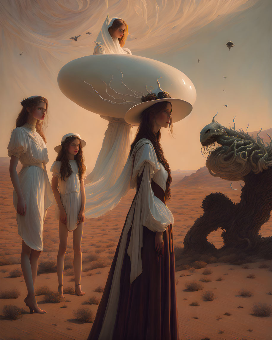 Surreal desert scene with four women, oversized teacup, and dragon-like creature