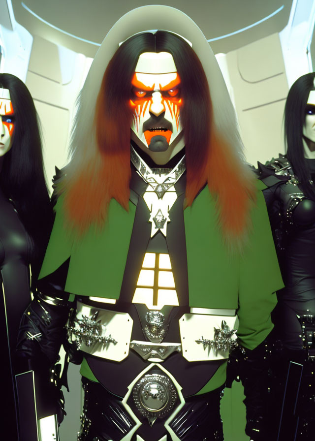 Three individuals in futuristic outfits with striking masks and glowing red eye mask.